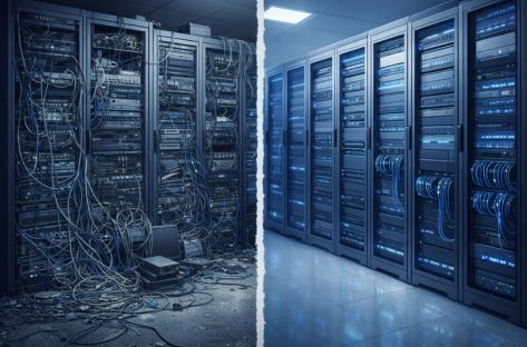 Split-screen showing the difference in website hosting quality: a neglected server room with tangled cables on the left, versus a clean, professionally managed server aisle on the right.