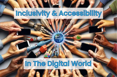 Inclusivity & Accessibility. Diverse hands, each holding a smartphone, forming a circle, symbolising unity, inclusivity, and the digital world.