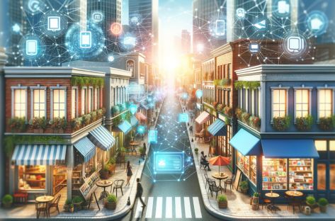 Harnessing Digital Technology for Small and Medium-Sized Businesses. It shows a lively city street with various small businesses, each integrating digital technology in their operations. This vibrant and modern scene effectively illustrates how technology can enhance and connect small businesses.