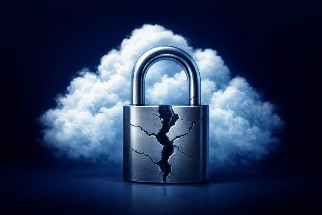 A cracked padlock in front of a cloud, representing the gaps in Microsoft 365 backup and data protection.
