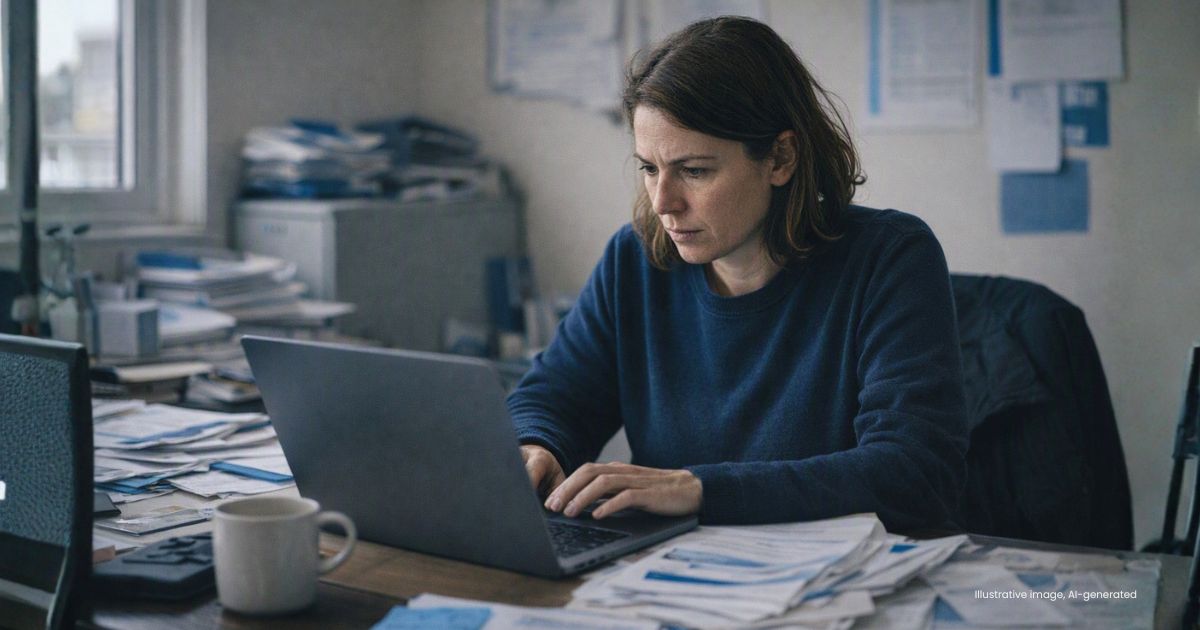 Small business owner working at a laptop surrounded by paperwork