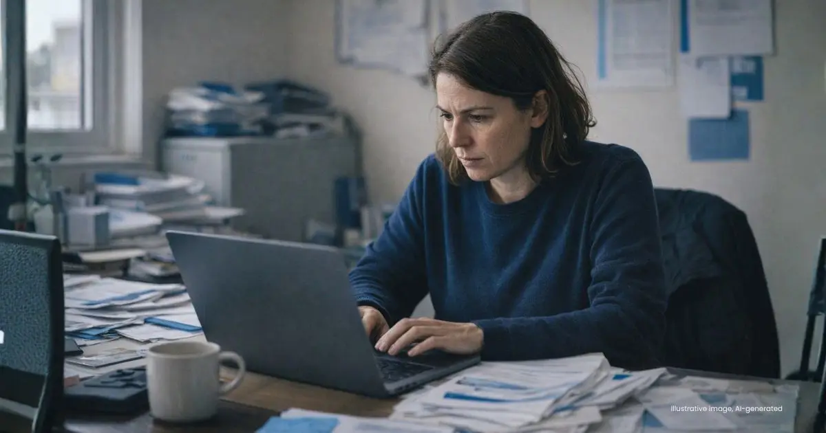 Small business owner working at a laptop surrounded by paperwork