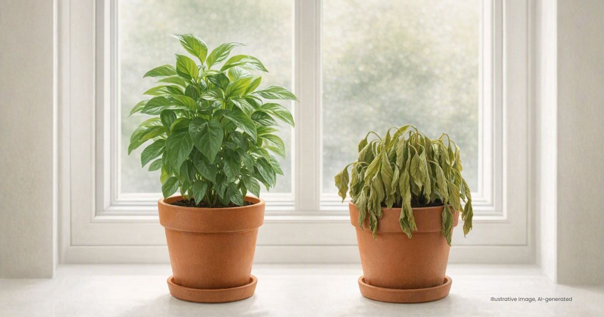One healthy potted plant next to one wilted plant, illustrating well-maintained versus neglected content