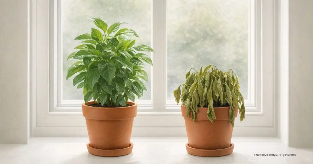 One healthy potted plant next to one wilted plant, illustrating well-maintained versus neglected content
