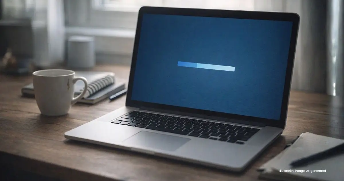Website maintenance checklist: laptop showing a software update in progress.