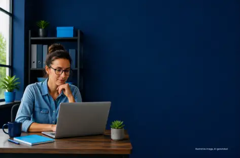Small business owner considering her options while reviewing UK managed hosting providers on a laptop